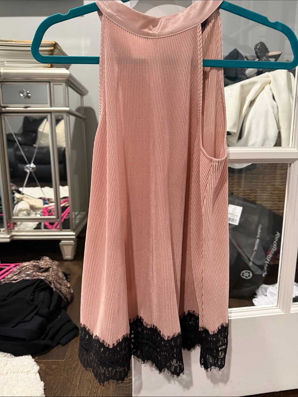 Fate Blush Pink Pleated Sleeveless Dress with Black Lace Trim